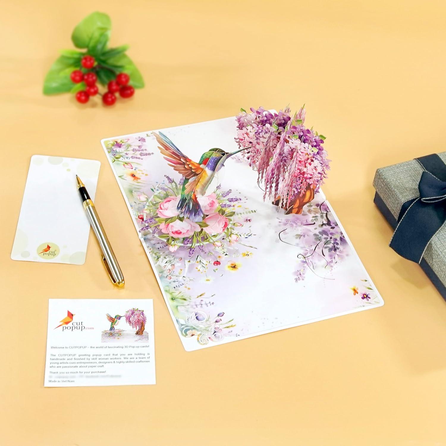 imageCUTPOPUP Mothers Day Card Pop Up 3D Birthday Greeting Card Mothers Day Card for Women Mom Wife Grandma Aunt Daughter Mama ChipmunkHummingbird Wisteria6x8in