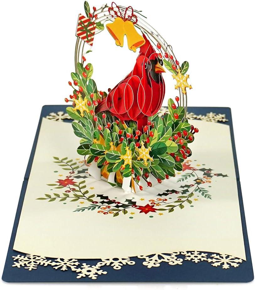 imageCUTPOPUP Pack5 Merry Christmas Card Pop Up 5x7in 3D Xmas New Year Holiday Greeting Card Tree Truck Santa Claus Snowflakes Sleigh Set of 5Cardinal Basket