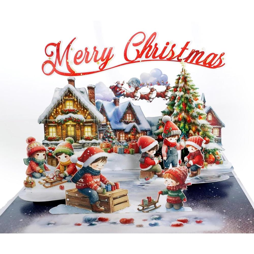 imageCUTPOPUP Christmas Card Pop Up Poinsettia Card with Cardinals 3D Xmas New Year Holiday Greeting Card Poinsettia CardinalsXmas Town6x8in