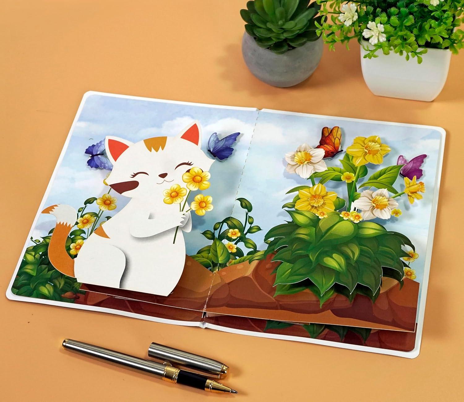 imageCUTPOPUP Birthday Card Pop Up 3D Birthday Greeting Mothers Day Card for Women Mom Wife Grandma Daughter Cat Daffodils