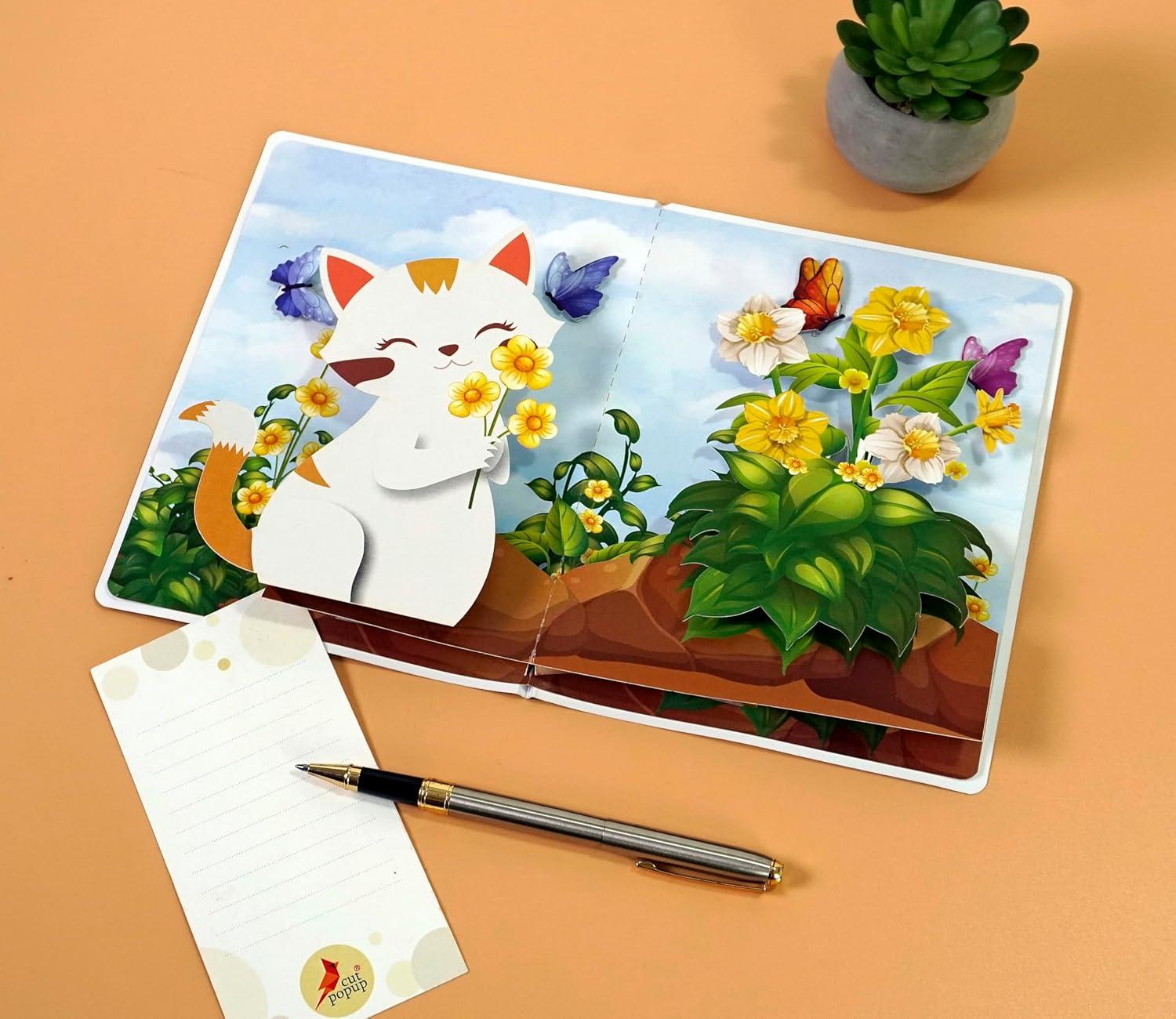imageCUTPOPUP Birthday Card Pop Up 3D Birthday Greeting Mothers Day Card for Women Mom Wife Grandma Daughter Cat Daffodils