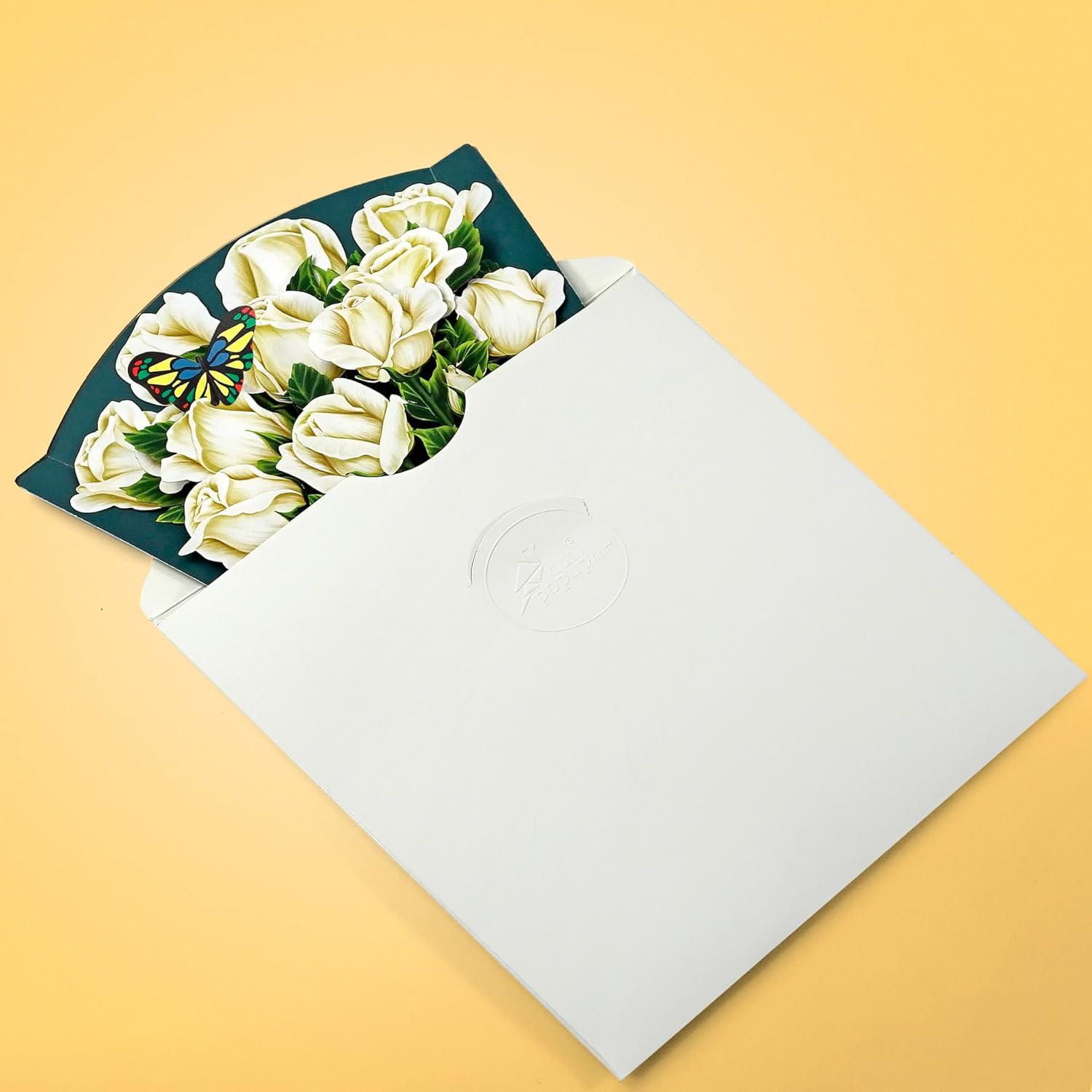 imageCUTPOPUP Birthday Card Pop Up 10quotx12quot Mothers Day 3D Greeting Paper Flower Card Bouquet of WhiteRose