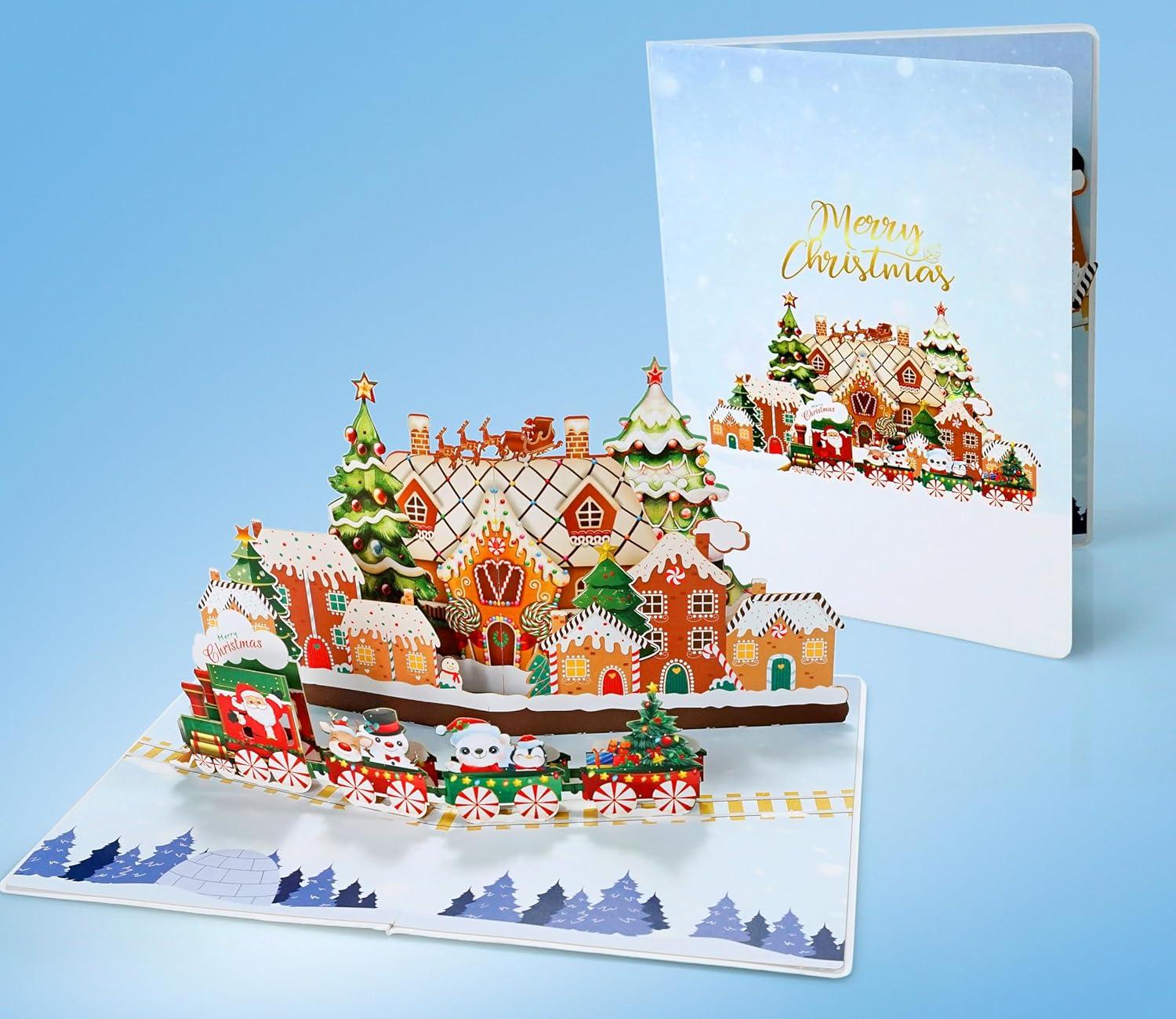 imageCUTPOPUP Christmas Card Pop Up 3D Xmas New Year Holiday Greeting Card Red CardinalGingerbread Town6x8in