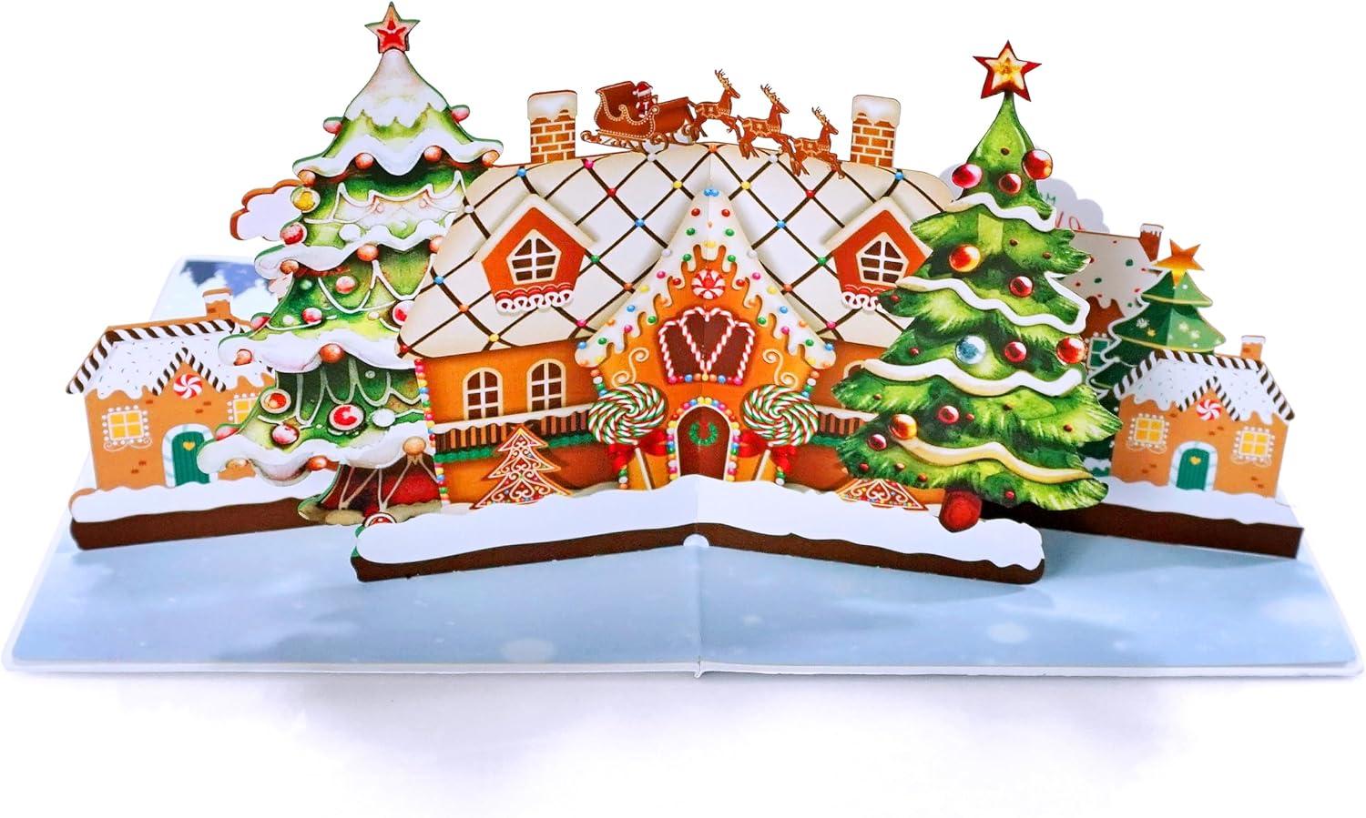 imageCUTPOPUP Christmas Card Pop Up 3D Xmas New Year Holiday Greeting Card Red CardinalGingerbread Town6x8in