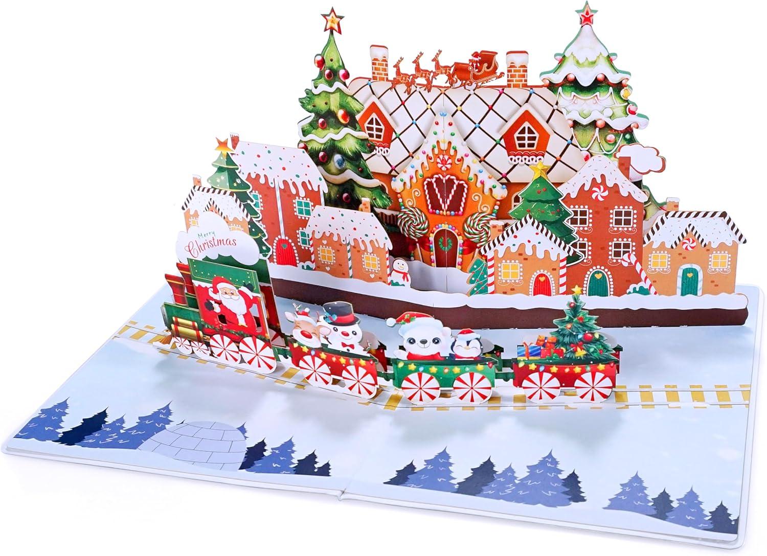 imageCUTPOPUP Christmas Card Pop Up 3D Xmas New Year Holiday Greeting Card Red CardinalGingerbread Town6x8in