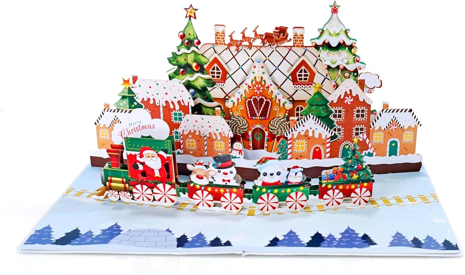 imageCUTPOPUP Christmas Card Pop Up 3D Xmas New Year Holiday Greeting Card Red CardinalGingerbread Town6x8in