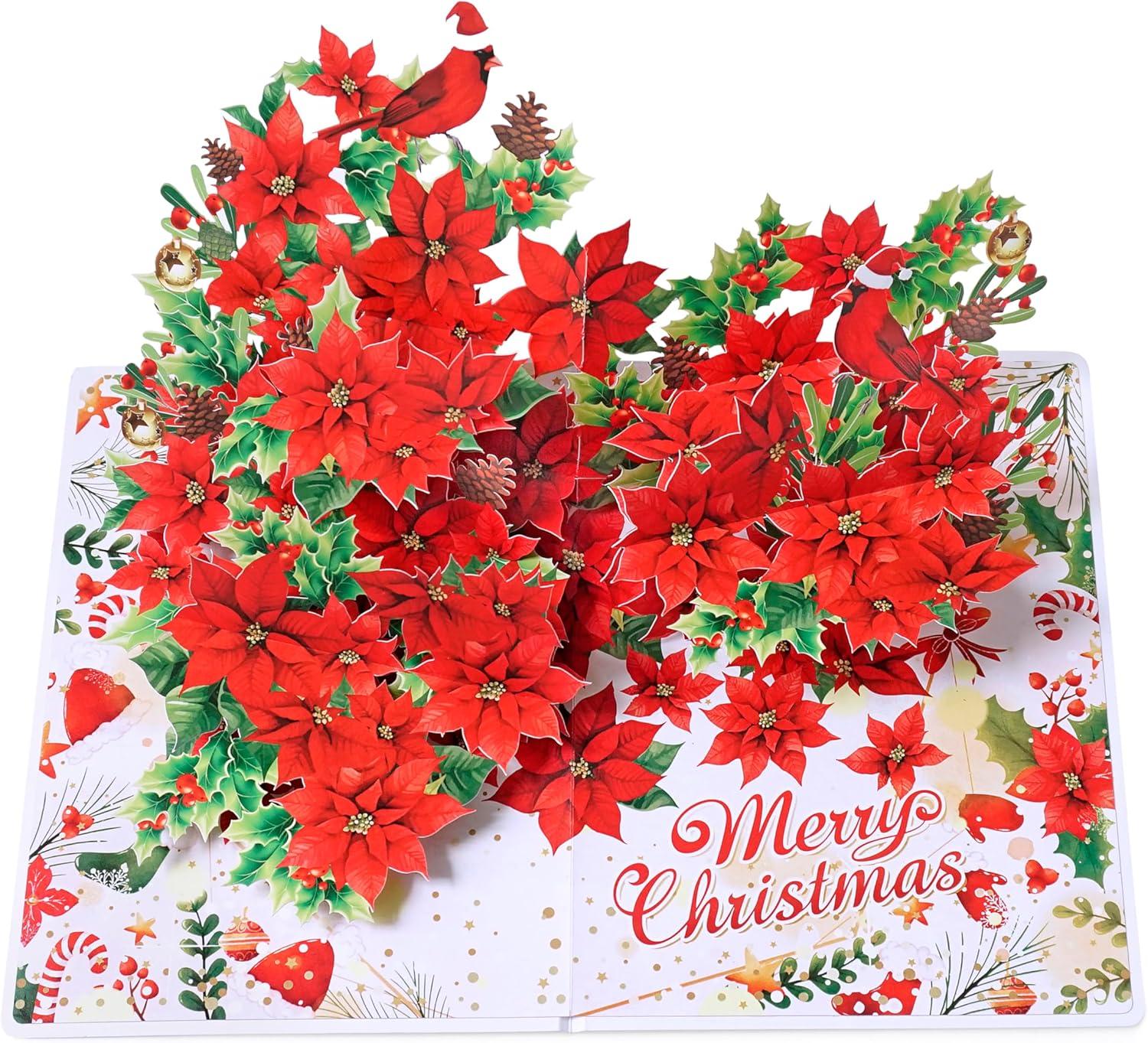 imageCUTPOPUP Christmas Card Pop Up 3D Xmas New Year Holiday Greeting Card Red CardinalLshape Poinsettia6x8in