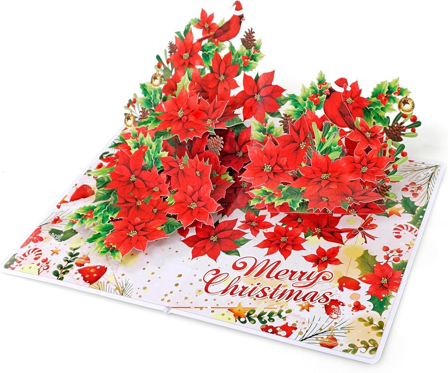 imageCUTPOPUP Christmas Card Pop Up 3D Xmas New Year Holiday Greeting Card Red CardinalLshape Poinsettia6x8in