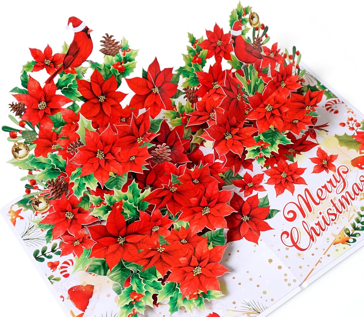 imageCUTPOPUP Christmas Card Pop Up 3D Xmas New Year Holiday Greeting Card Red CardinalLshape Poinsettia6x8in