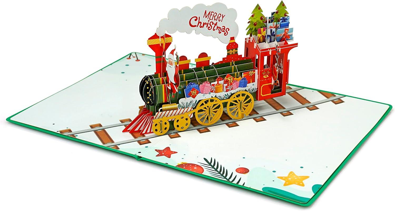 imageCUTPOPUP Christmas Card Pop Up 3D Xmas New Year Holiday Greeting Card Red CardinalMerry Christmas Train