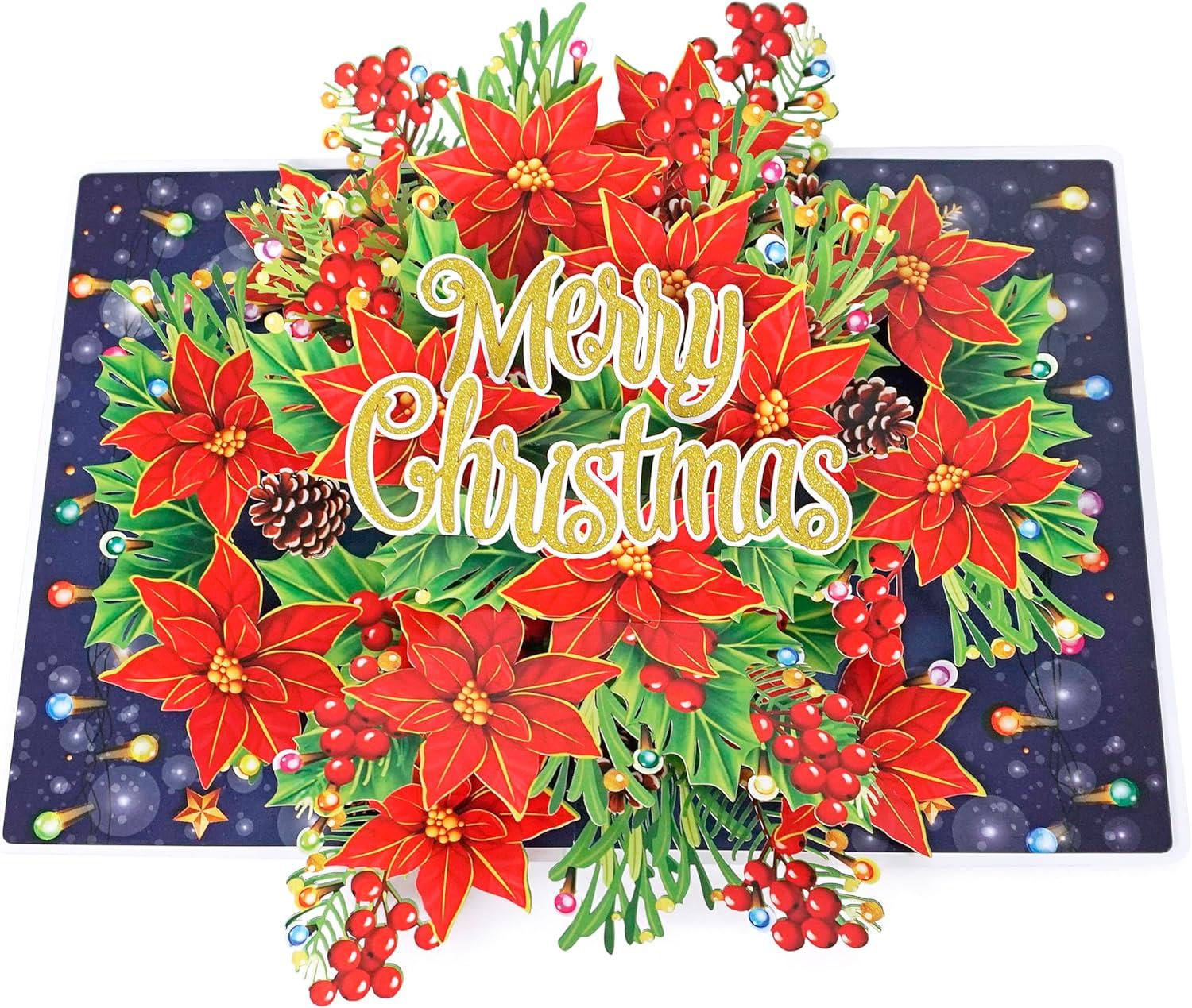 imageCUTPOPUP Christmas Card Pop Up 3D Xmas New Year Holiday Greeting Card Red CardinalRound Xmas Poinsettia6x8in