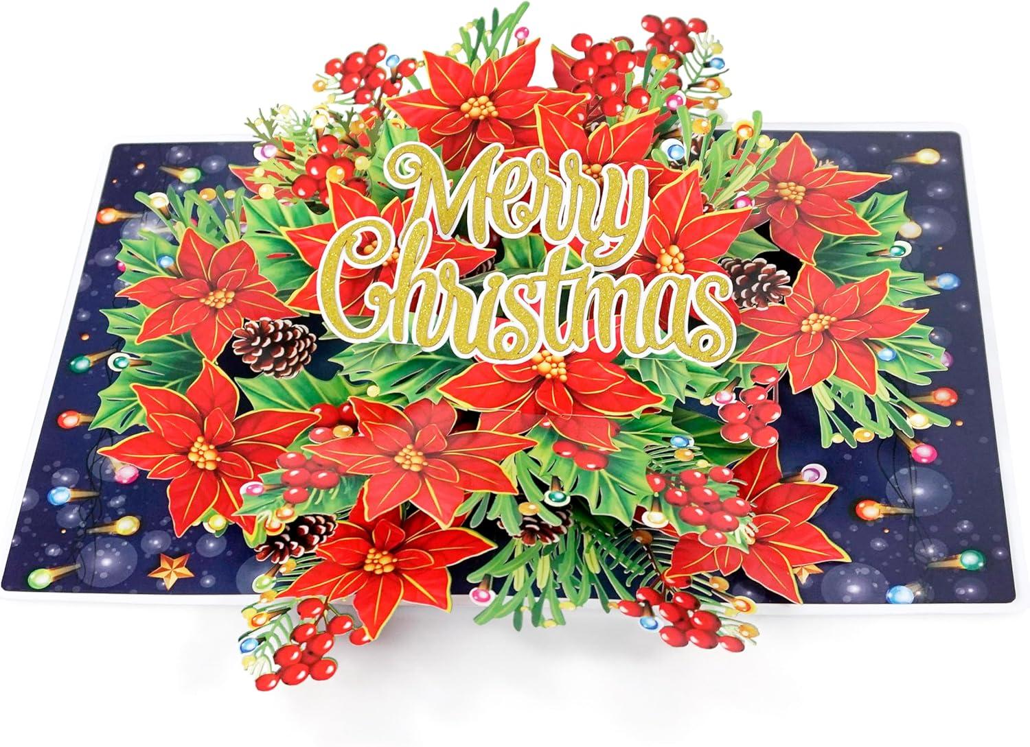 imageCUTPOPUP Christmas Card Pop Up 3D Xmas New Year Holiday Greeting Card Red CardinalRound Xmas Poinsettia6x8in