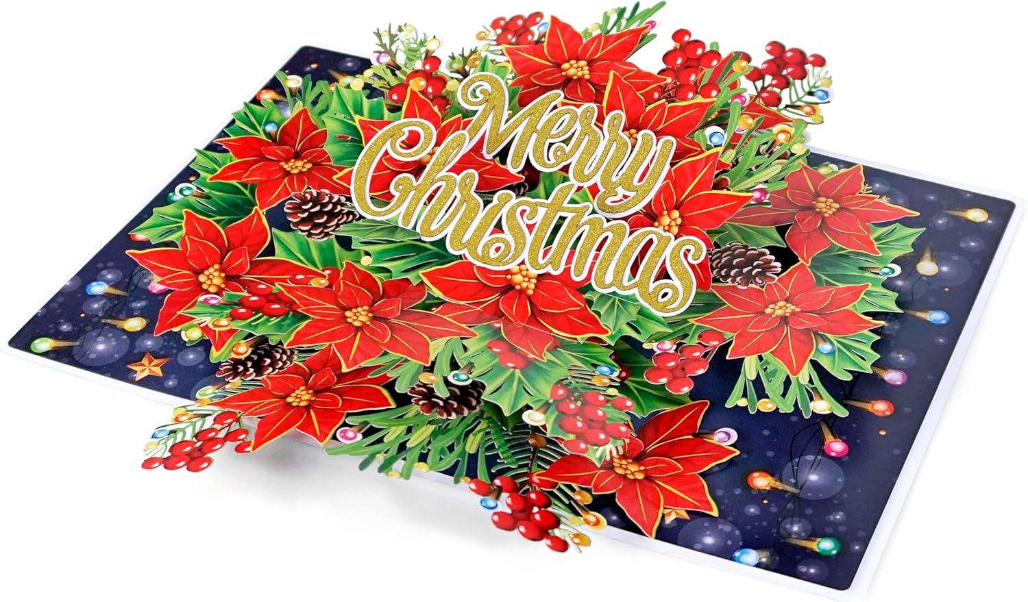 imageCUTPOPUP Christmas Card Pop Up 3D Xmas New Year Holiday Greeting Card Red CardinalRound Xmas Poinsettia6x8in