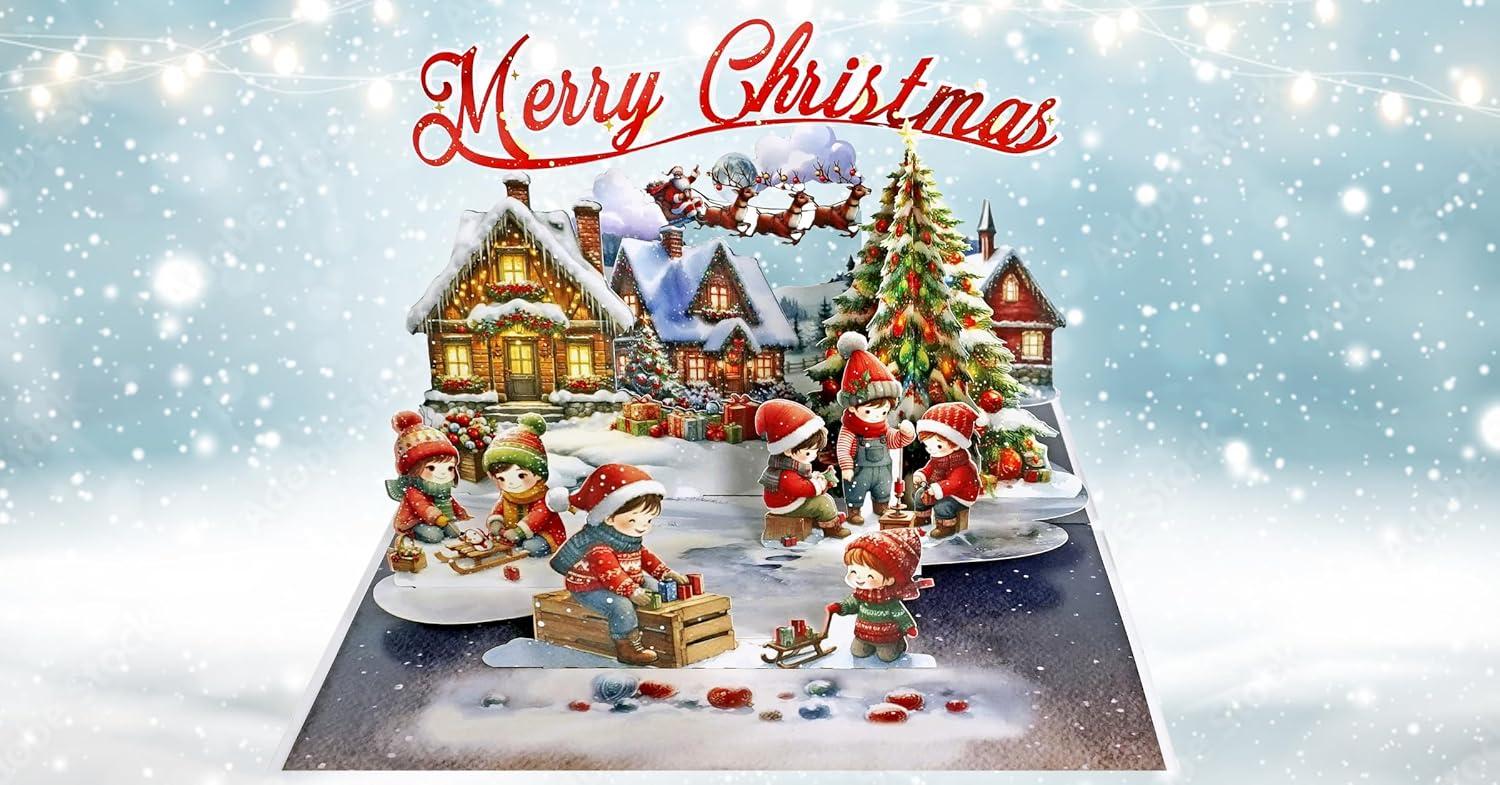 imageCUTPOPUP Christmas Card Pop Up 3D Xmas New Year Holiday Greeting Card Red CardinalXmas Town6x8in