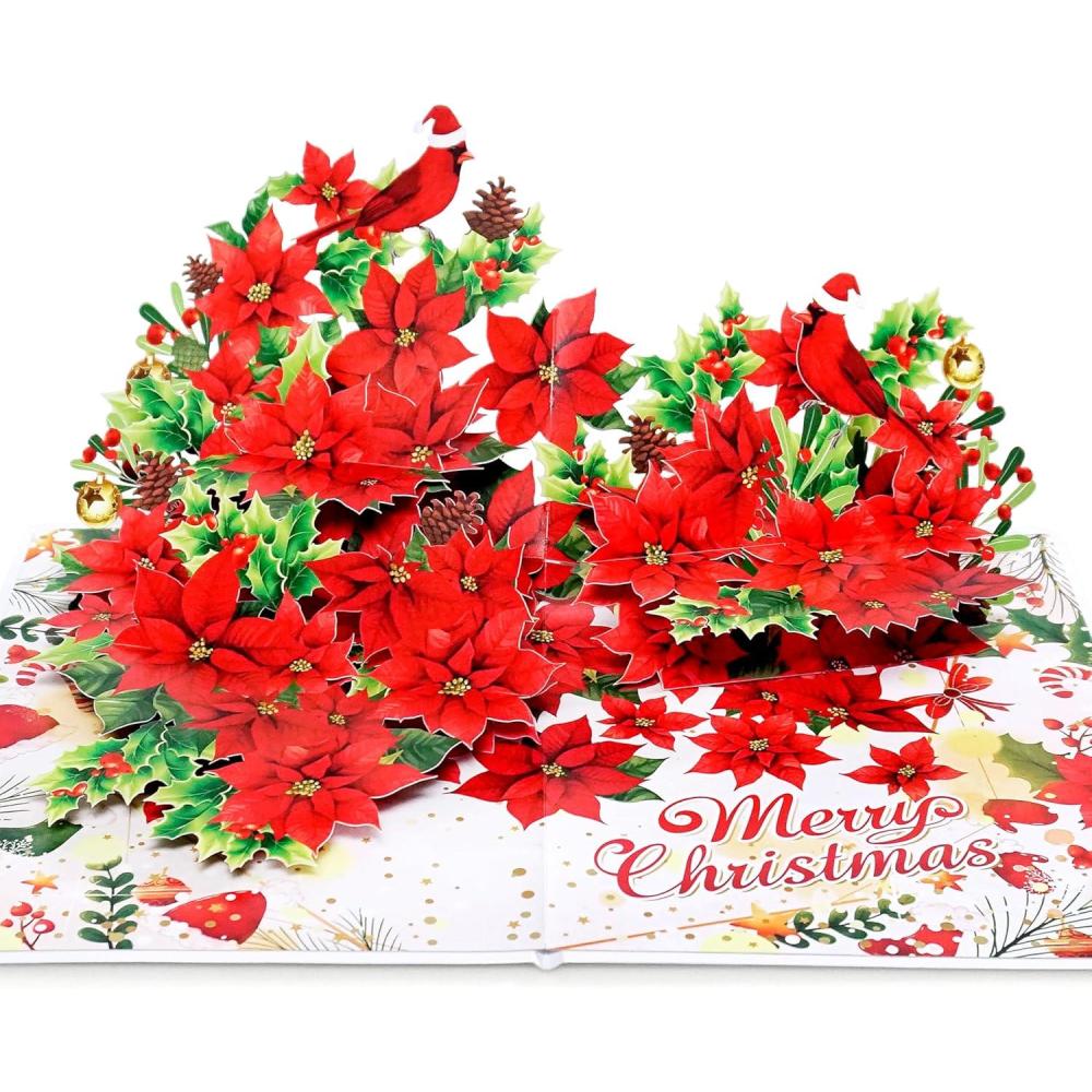 imageCUTPOPUP Christmas Card Pop Up 3D Xmas New Year Holiday Greeting Card Red CardinalLshape Poinsettia6x8in