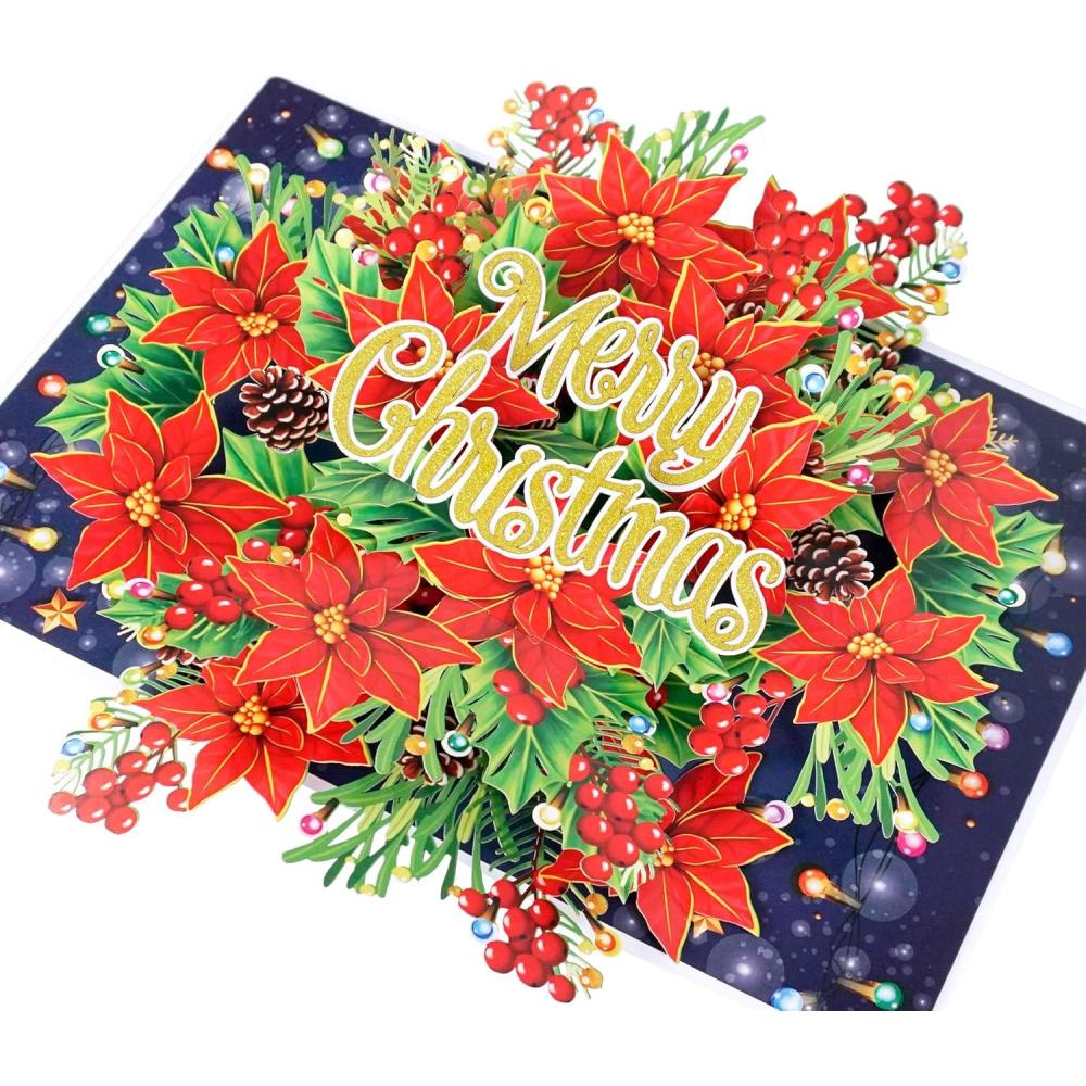 imageCUTPOPUP Christmas Card Pop Up 3D Xmas New Year Holiday Greeting Card Red CardinalRound Xmas Poinsettia6x8in