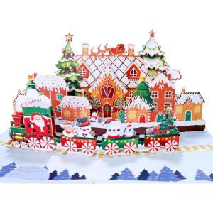 CUTPOPUP Christmas Card Pop Up, 3D Xmas, New Year, Holiday Greeting Card (Red Cardinal)(Gingerbread Town-6x8in)