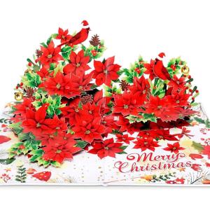 CUTPOPUP Christmas Card Pop Up, 3D Xmas, New Year, Holiday Greeting Card (Red Cardinal)(L-shape Poinsettia-6x8in)