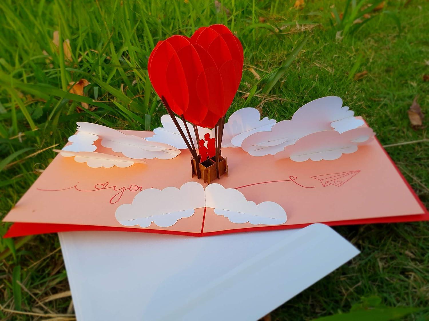 imageCUTPOPUP Anniversary Card Pop Up Valentines Day 3D Popup Greeting Love Card Corgi Couple AirBalloonCouple on Air Balloon6x6in