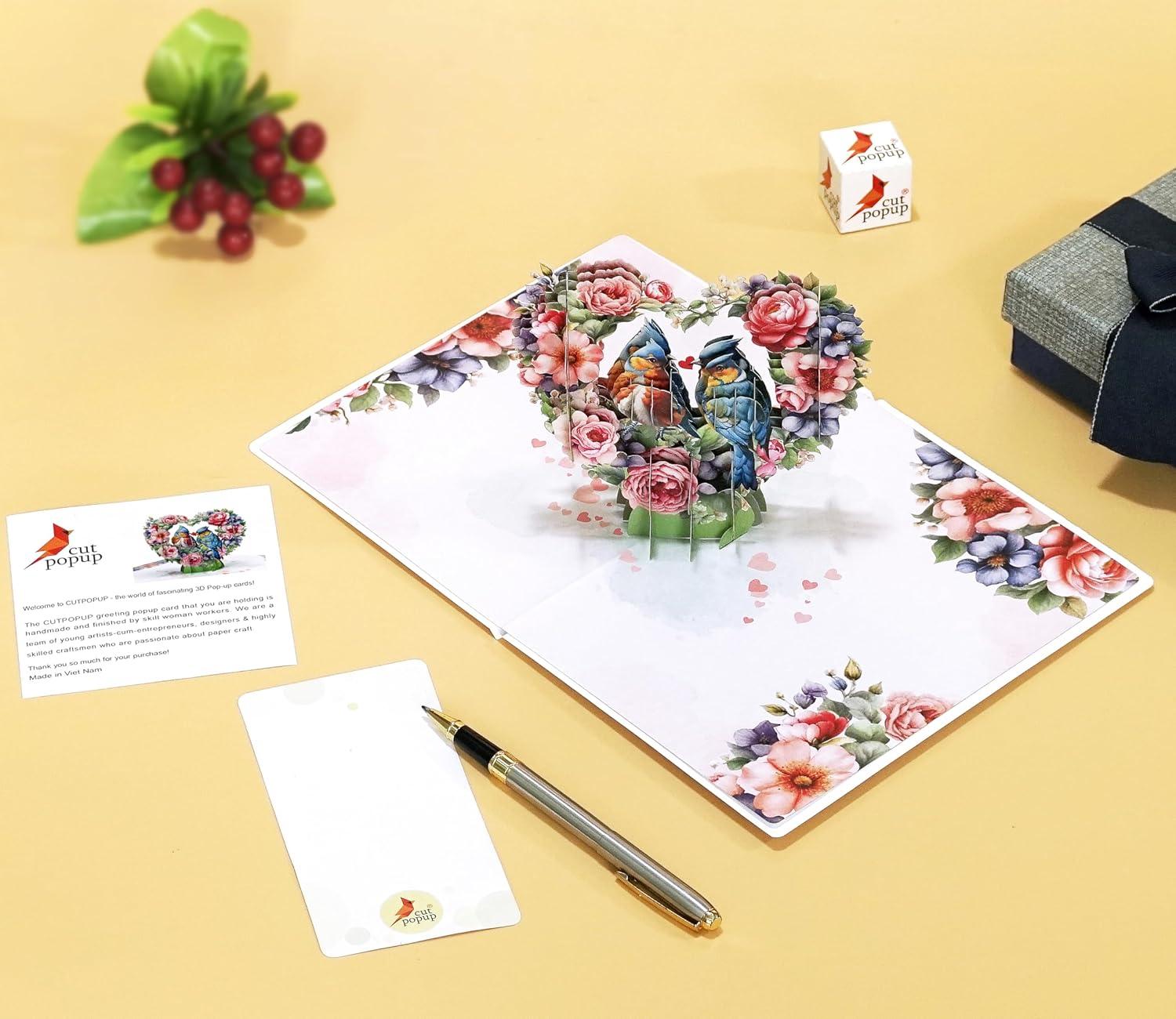 imageCUTPOPUP BlueJay Couple Anniversary Card Pop Up Valentines Day Wedding Engagement 3D Greeting Card BlueJay CoupleHeart Shape LO179US1520BlueJay Couple6x8in