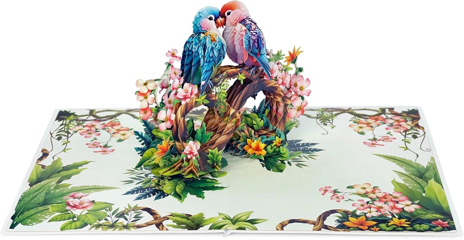 imageCUTPOPUP BlueJay Couple Anniversary Card Pop Up Valentines Day Wedding Engagement 3D Greeting Card BlueJay CoupleHeart Shape LO179US1520Parrot Couple6x8in