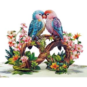 CUTPOPUP BlueJay Couple, Anniversary Card Pop Up, Valentines Day, Wedding, Engagement, 3D Greeting Card (BlueJay Couple-Heart Shape) LO179US1520(Parrot Couple-6x8in)