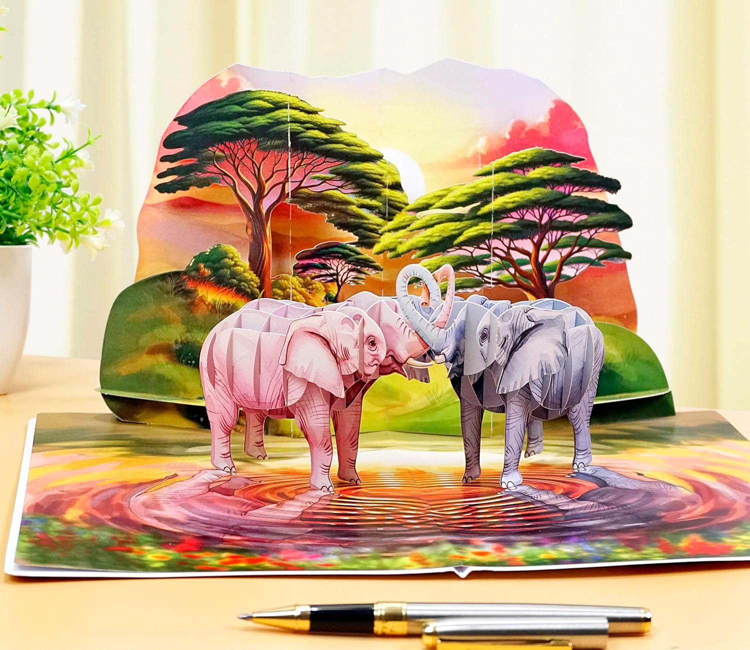 imageCUTPOPUP Anniversary Card Pop Up Valentines Day Wedding 3D Greeting Card Valentines Day Romantic Love Air BalloonElephant Couple6x8in