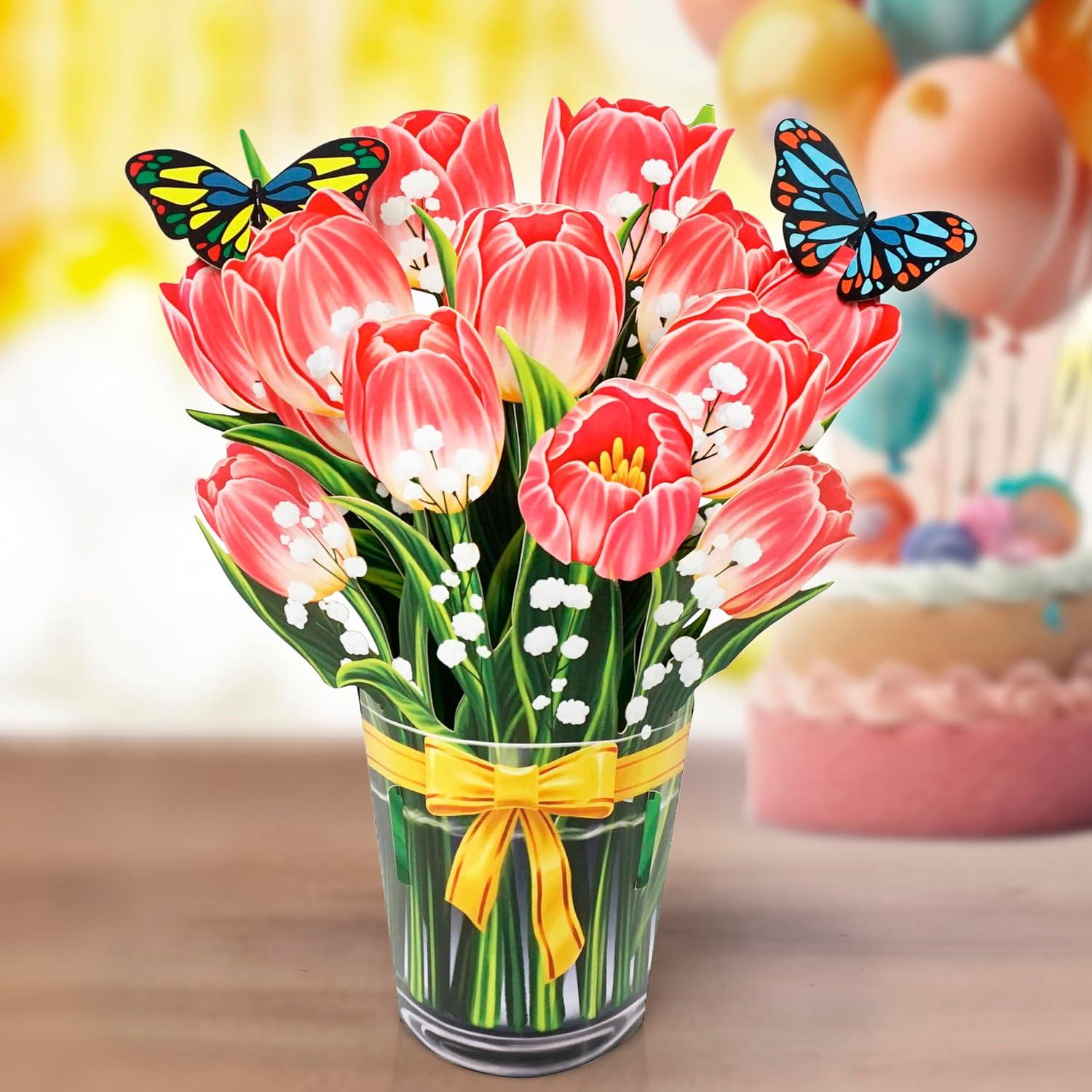 imageCUTPOPUP Birthday Card Pop Up 10quotx12quot Mothers Day 3D Greeting Paper Flower Card Bouquet of Tulip