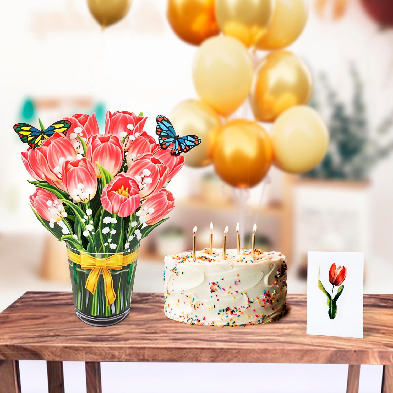 imageCUTPOPUP Birthday Card Pop Up 10quotx12quot Mothers Day 3D Greeting Paper Flower Card Bouquet of Tulip