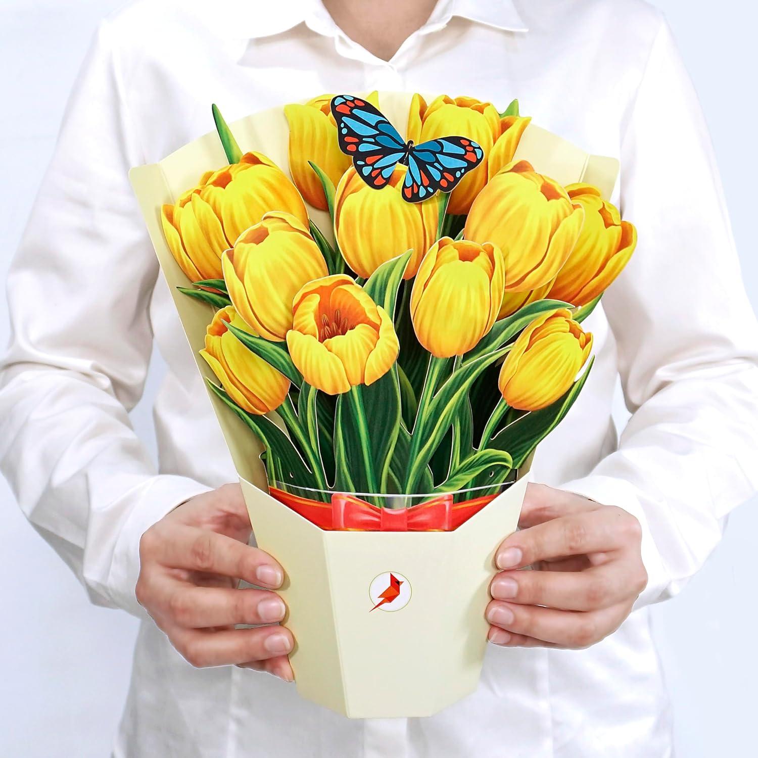 imageCUTPOPUP Birthday Card Pop Up 10quotx12quot Mothers Day 3D Greeting Paper Flower Card Bouquet of Tulip Yellow