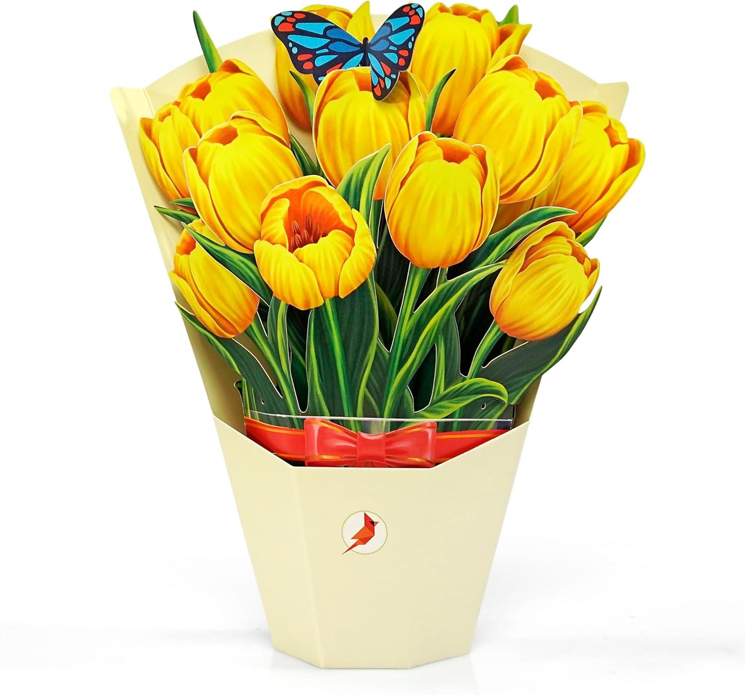 imageCUTPOPUP Birthday Card Pop Up 10quotx12quot Mothers Day 3D Greeting Paper Flower Card Bouquet of Tulip Yellow