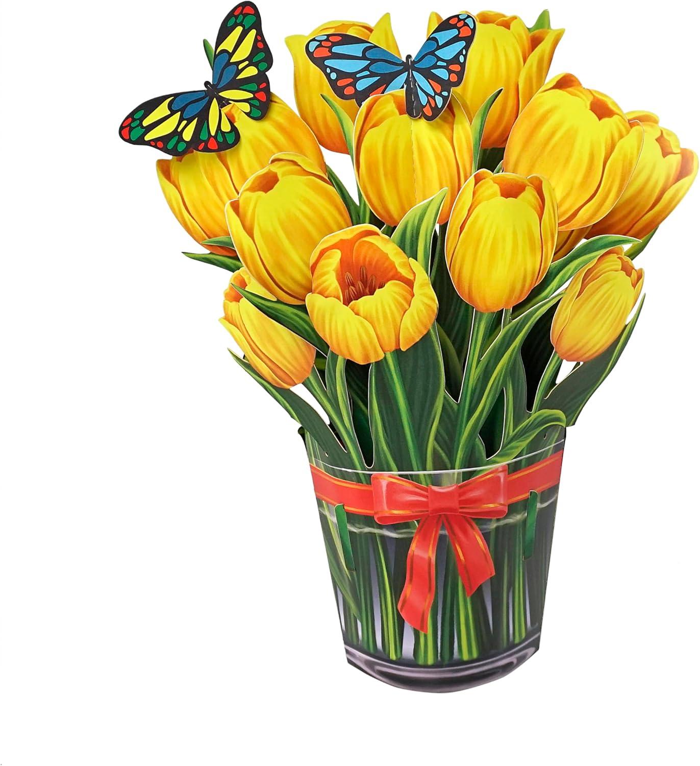 imageCUTPOPUP Birthday Card Pop Up 10quotx12quot Mothers Day 3D Greeting Paper Flower Card Bouquet of Tulip Yellow