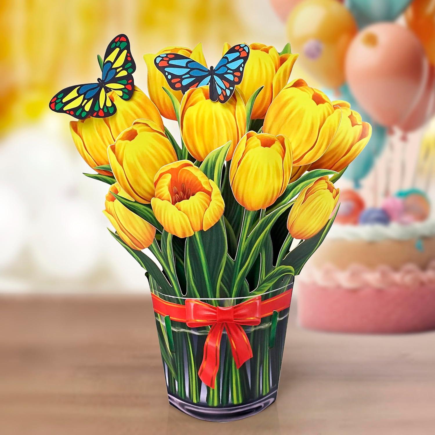 imageCUTPOPUP Birthday Card Pop Up 10quotx12quot Mothers Day 3D Greeting Paper Flower Card Bouquet of Tulip Yellow