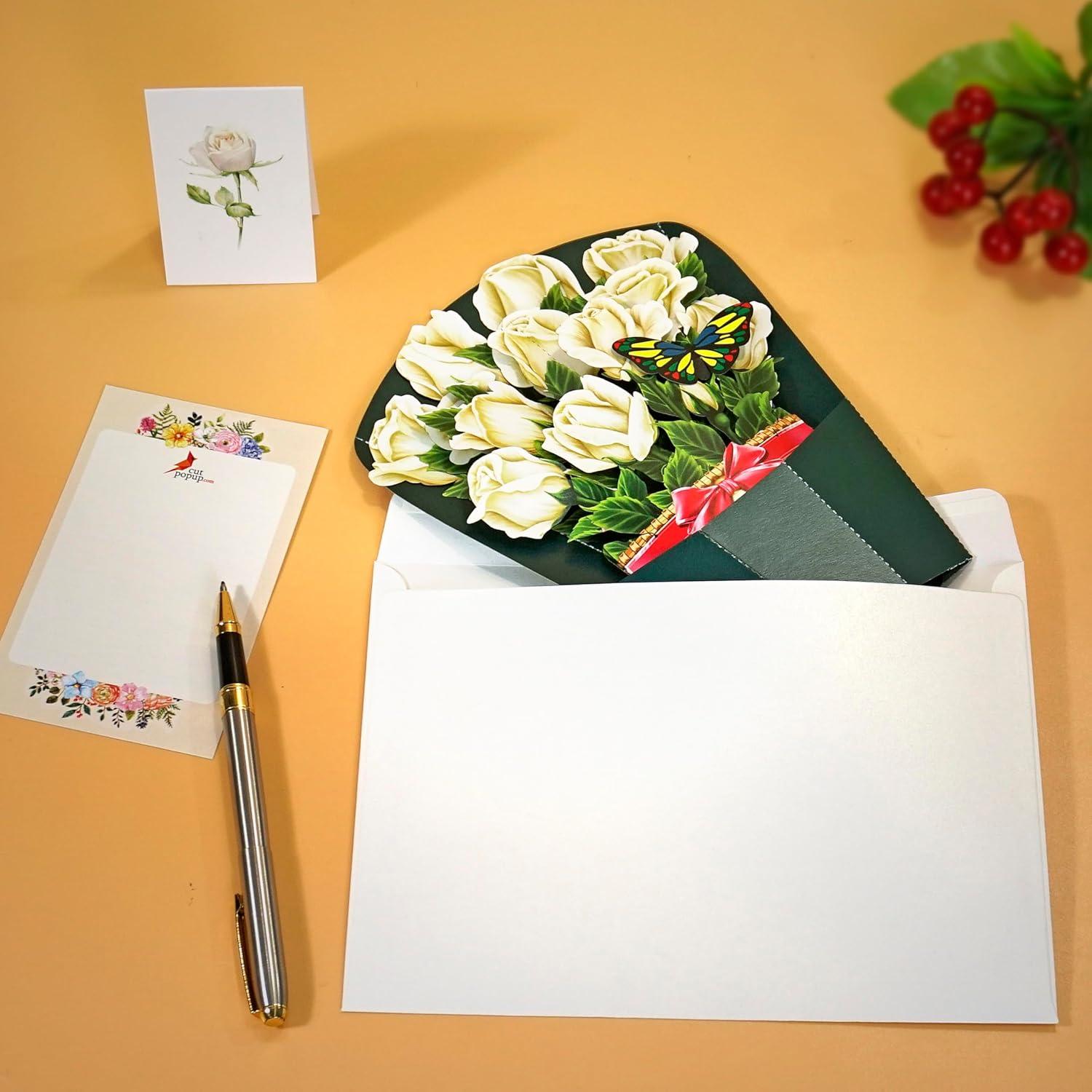 imageCUTPOPUP Birthday Card Pop Up 6quotx8quot Mothers Day 3D Greeting Paper Flower Card Bouquet of WhiteRose