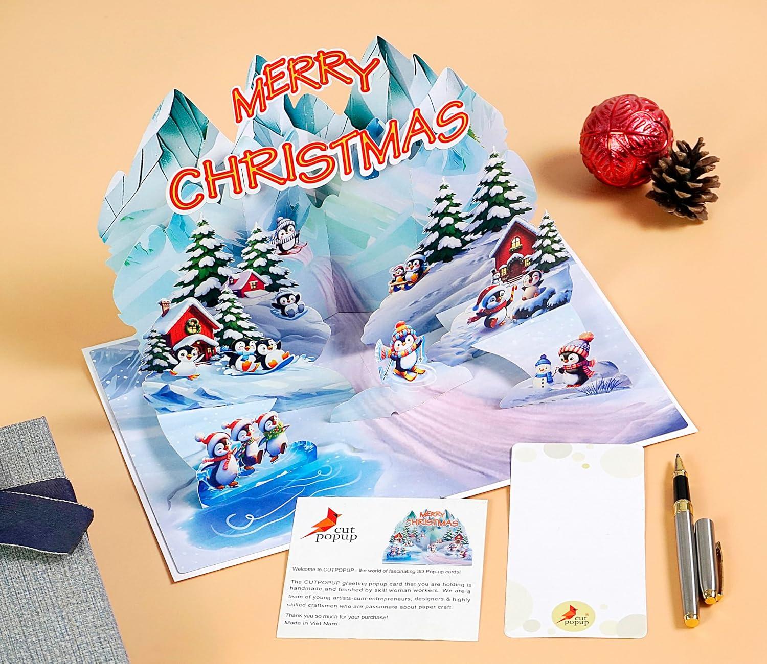 imageCUTPOPUP Christmas Card Pop Up 3D Xmas Merry Christmas New Year Holiday Greeting Cards Gift Merry Chrismas Text CN318US1520Icy Penguin6x8in