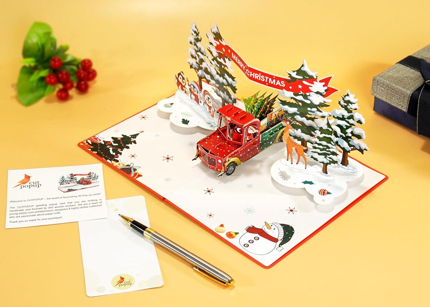 imageCUTPOPUP Christmas Card Pop Up 3D Xmas Merry Christmas New Year Holiday Greeting Cards Gift Merry Chrismas Text CN318US1520Truck under Tree  6x8