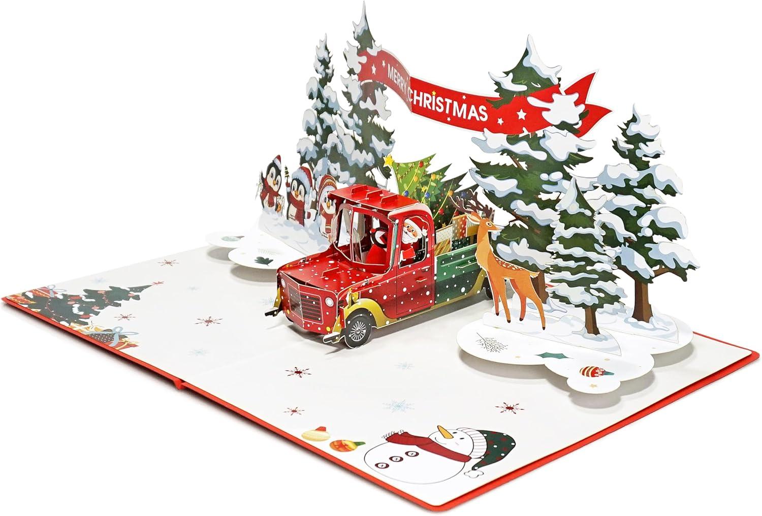 imageCUTPOPUP Christmas Card Pop Up 3D Xmas Merry Christmas New Year Holiday Greeting Cards Gift Merry Chrismas Text CN318US1520Truck under Tree  6x8