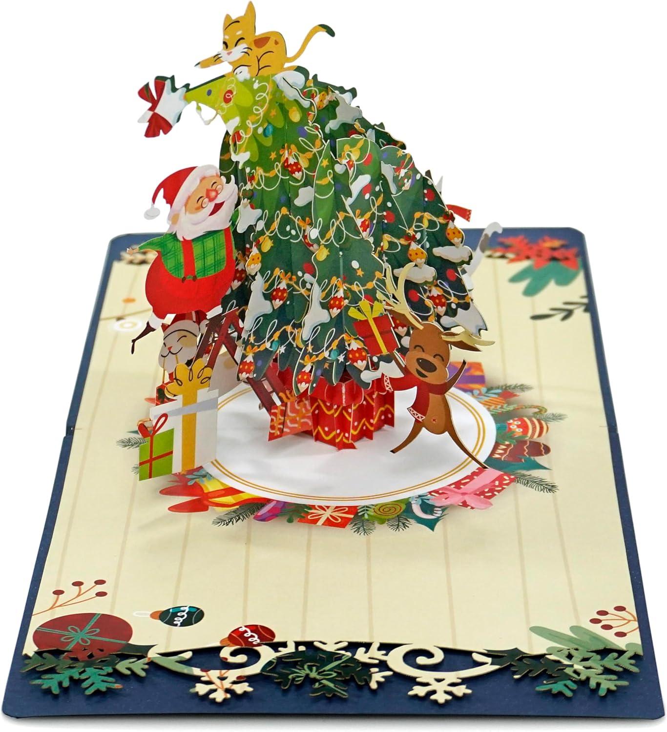 imageCUTPOPUP Christmas Card Pop Up Poinsettia Card 3D Xmas New Year Holiday Greeting Card Round Poinsettia with CardinalChristmas Tree with Santa