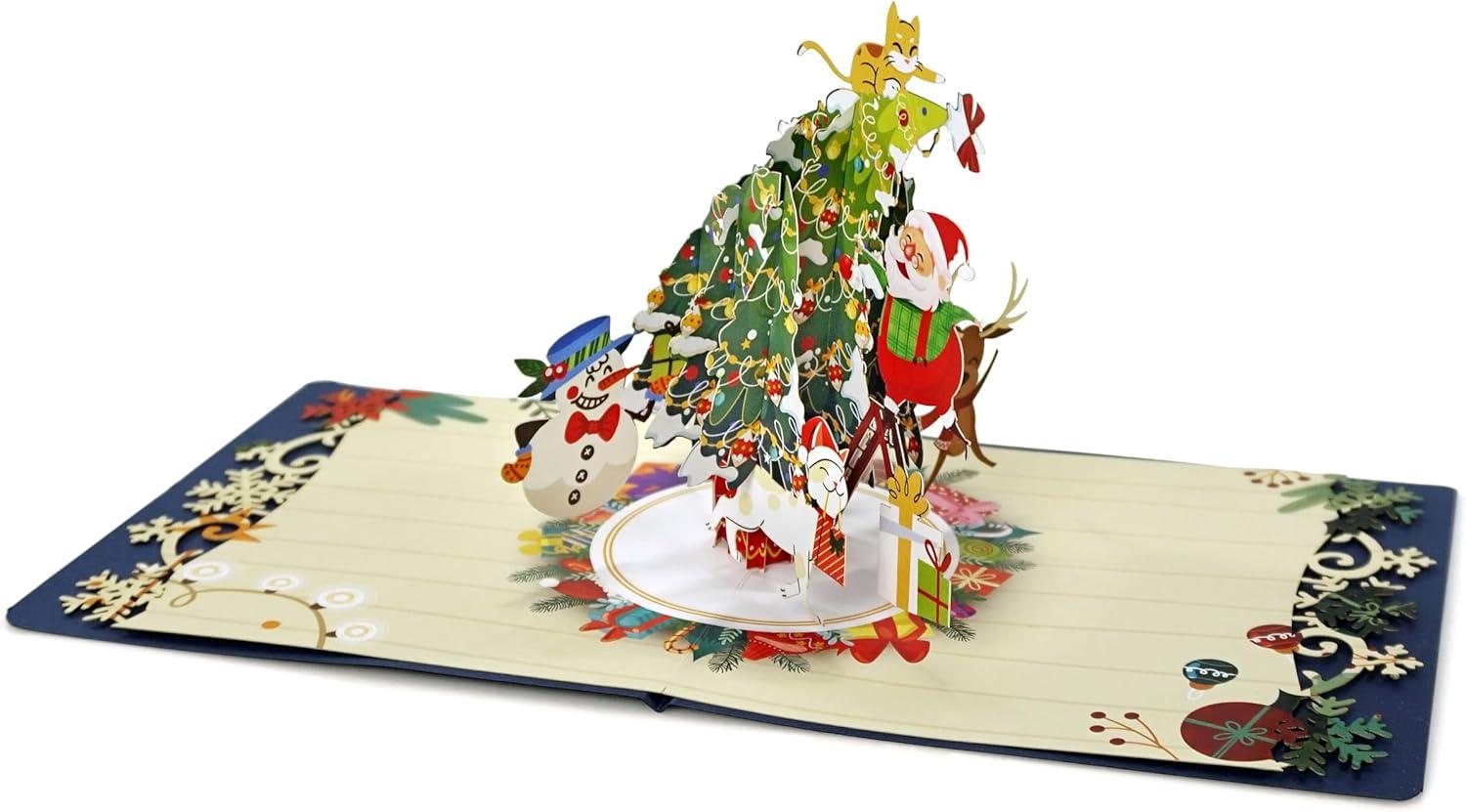 imageCUTPOPUP Christmas Card Pop Up Poinsettia Card 3D Xmas New Year Holiday Greeting Card Round Poinsettia with CardinalChristmas Tree with Santa