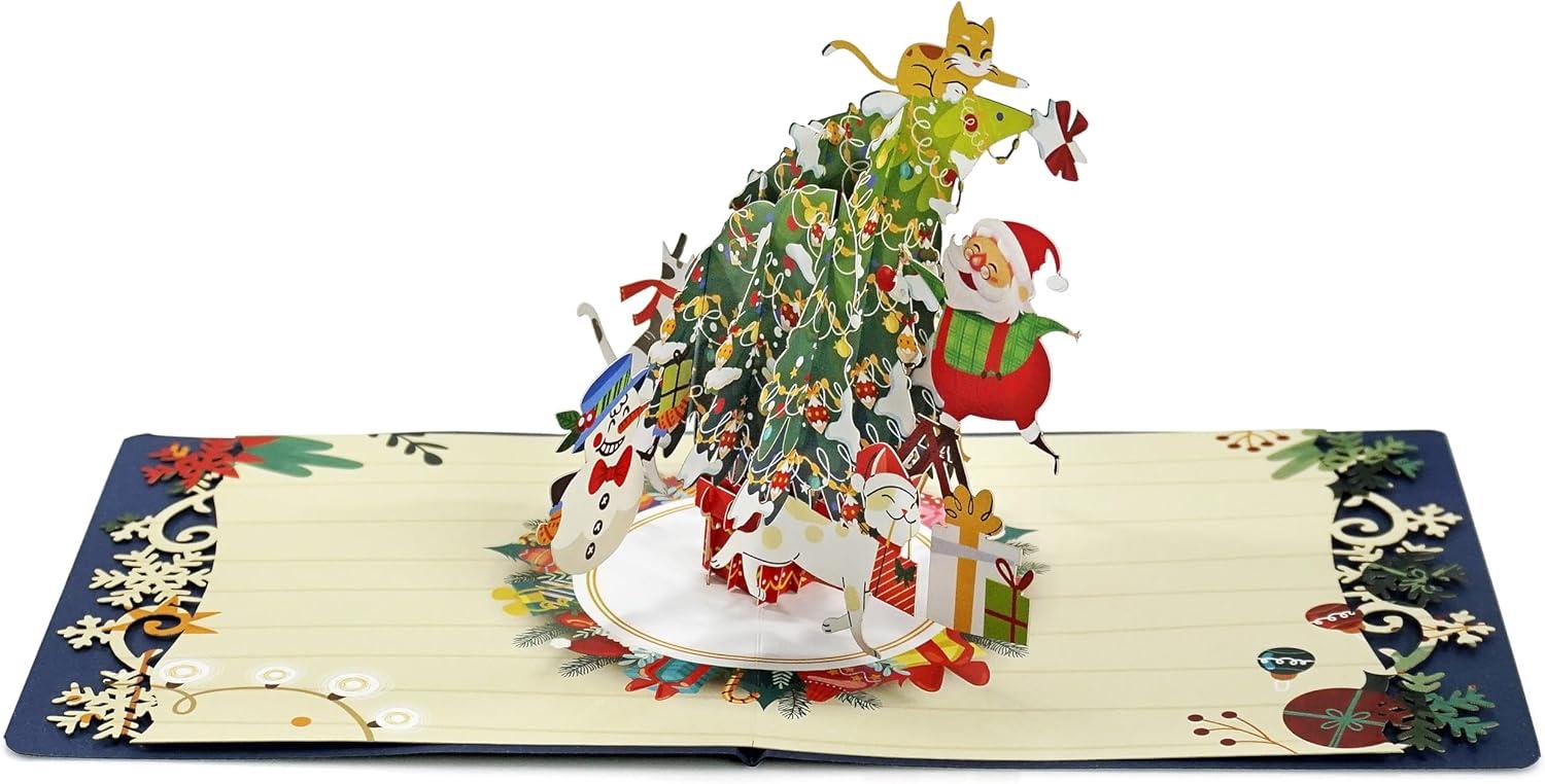 imageCUTPOPUP Christmas Card Pop Up Poinsettia Card 3D Xmas New Year Holiday Greeting Card Round Poinsettia with CardinalChristmas Tree with Santa