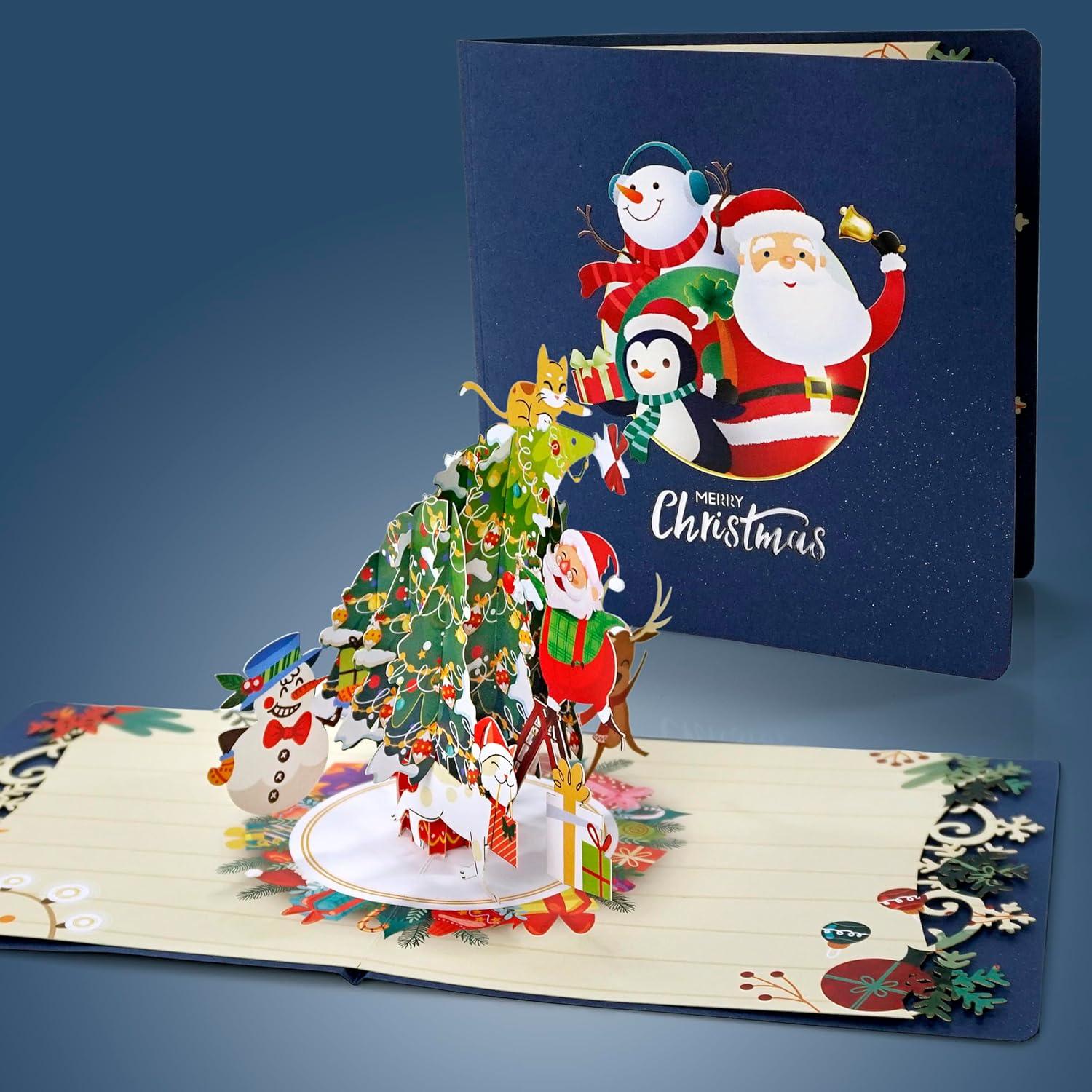imageCUTPOPUP Christmas Card Pop Up Poinsettia Card 3D Xmas New Year Holiday Greeting Card Round Poinsettia with CardinalChristmas Tree with Santa