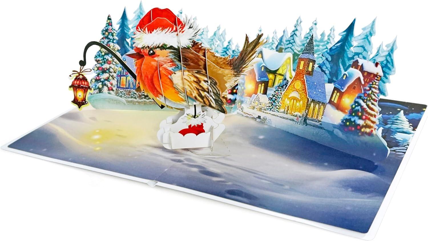 imageCUTPOPUP Christmas Card Pop Up Poinsettia Card 3D Xmas New Year Holiday Greeting Card Round Poinsettia with CardinalRobin Xmas6x8in