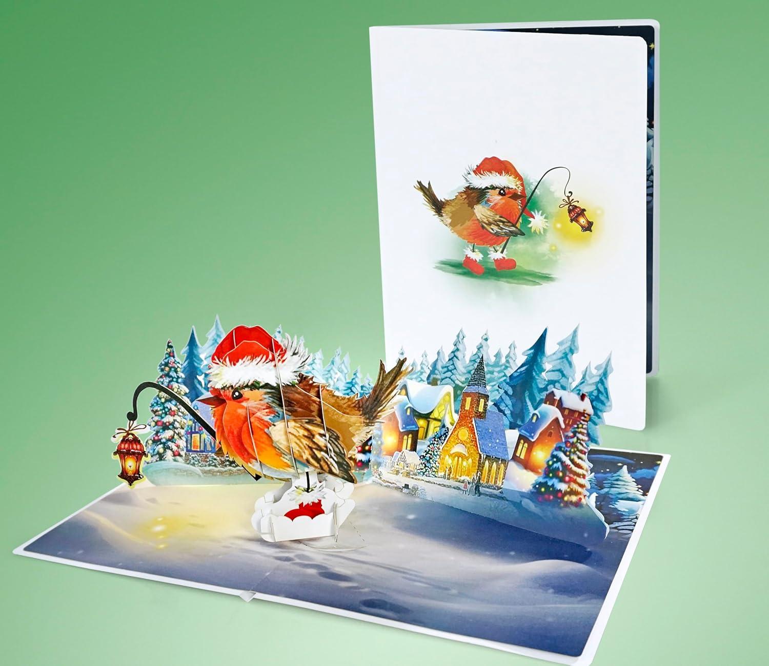 imageCUTPOPUP Christmas Card Pop Up Poinsettia Card 3D Xmas New Year Holiday Greeting Card Round Poinsettia with CardinalRobin Xmas6x8in