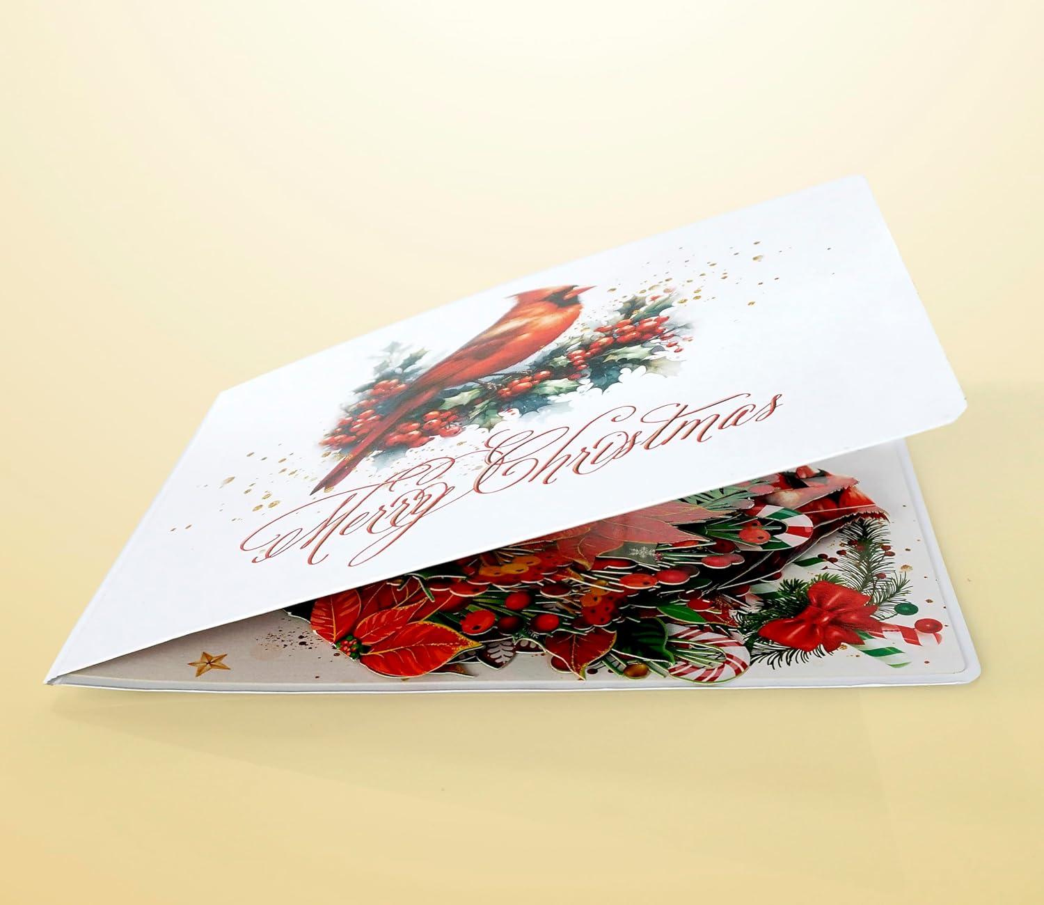 imageCUTPOPUP Christmas Card Pop Up Poinsettia Card 3D Xmas New Year Holiday Greeting Card Round Poinsettia with CardinalRound Poinsettia with Cardinal6x8in