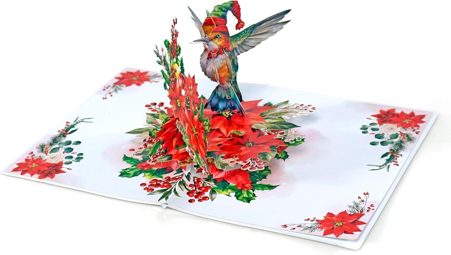 imageCUTPOPUP Christmas Card Pop Up Poinsettia Card 3D Xmas New Year Holiday Greeting Card Round Poinsettia with CardinalXmas Hummingbird6x8in