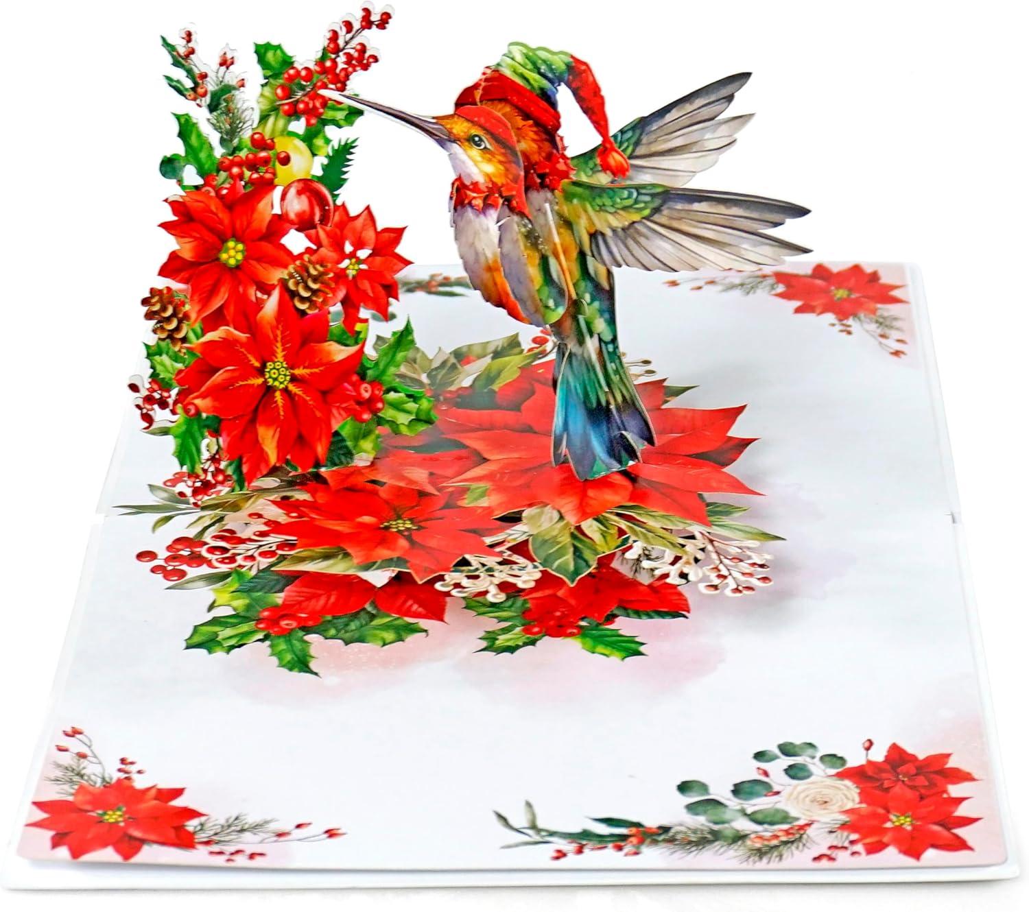 imageCUTPOPUP Christmas Card Pop Up Poinsettia Card 3D Xmas New Year Holiday Greeting Card Round Poinsettia with CardinalXmas Hummingbird6x8in