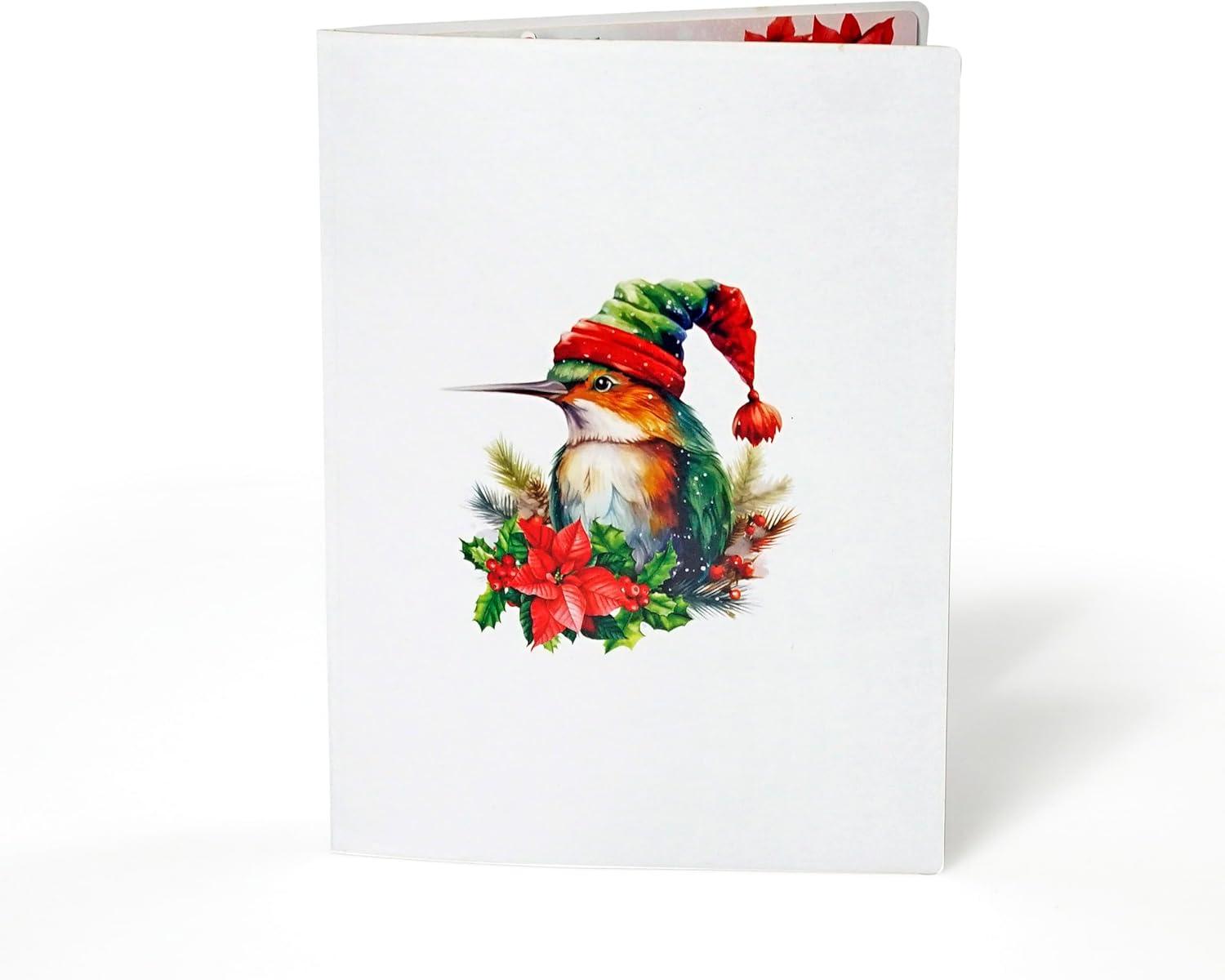 imageCUTPOPUP Christmas Card Pop Up Poinsettia Card 3D Xmas New Year Holiday Greeting Card Round Poinsettia with CardinalXmas Hummingbird6x8in