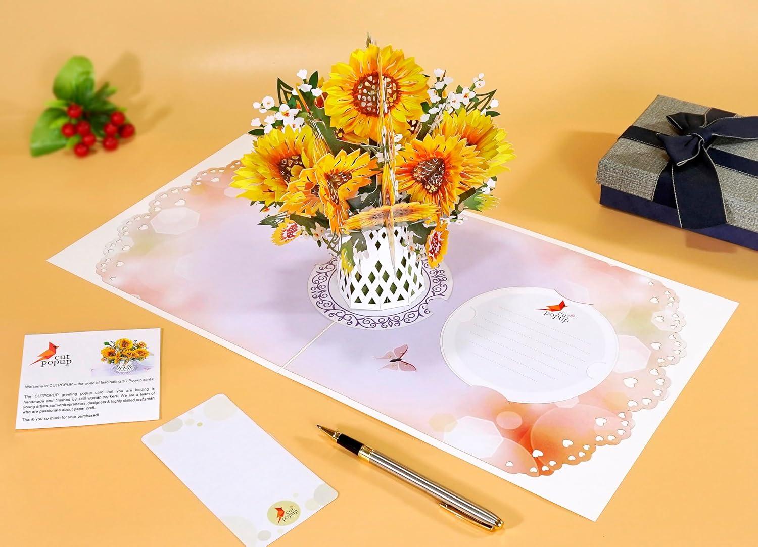 imageCUTPOPUP Sunflower Bouquet 11quotx11quot 3D Popup Birthday Greeting Card with Detachable Paper Flowers Mothers Day Card Birthday Cards for Women Mom Wife