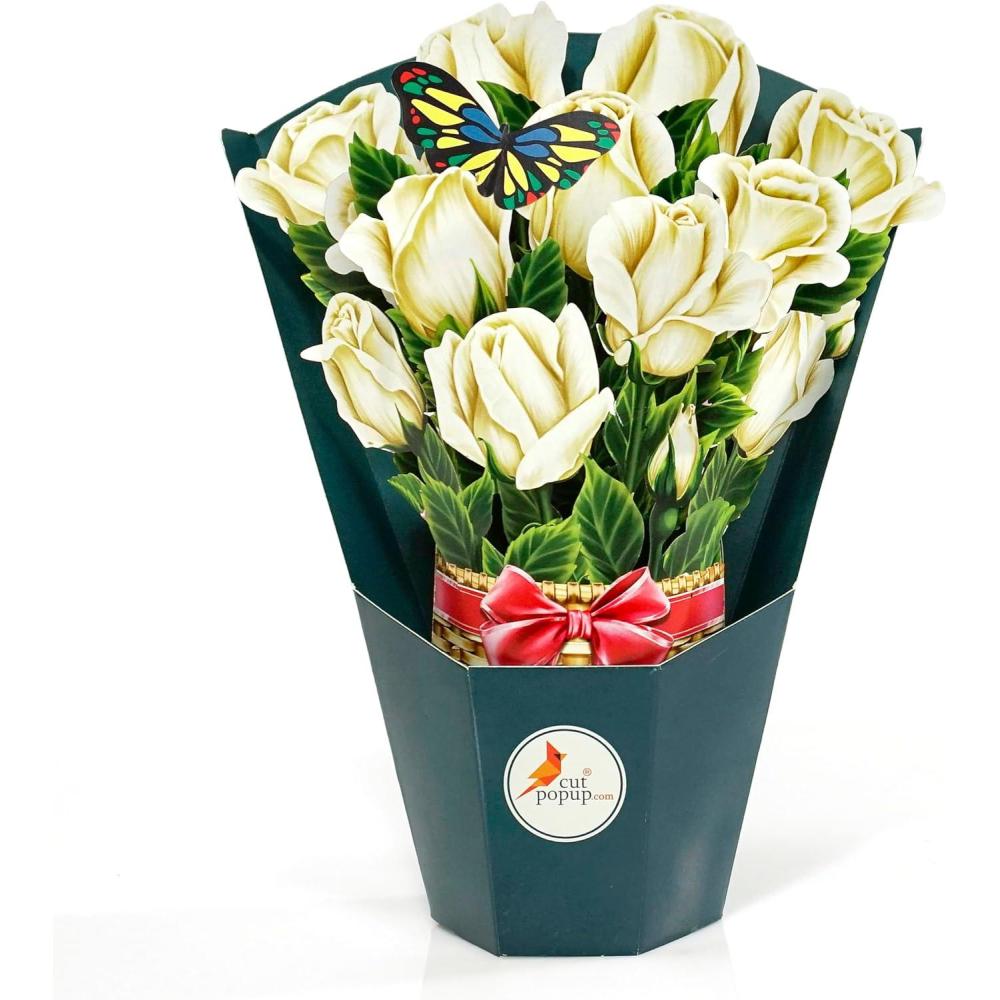 imageCUTPOPUP Birthday Card Pop Up 6quotx8quot Mothers Day 3D Greeting Paper Flower Card Bouquet of WhiteRose