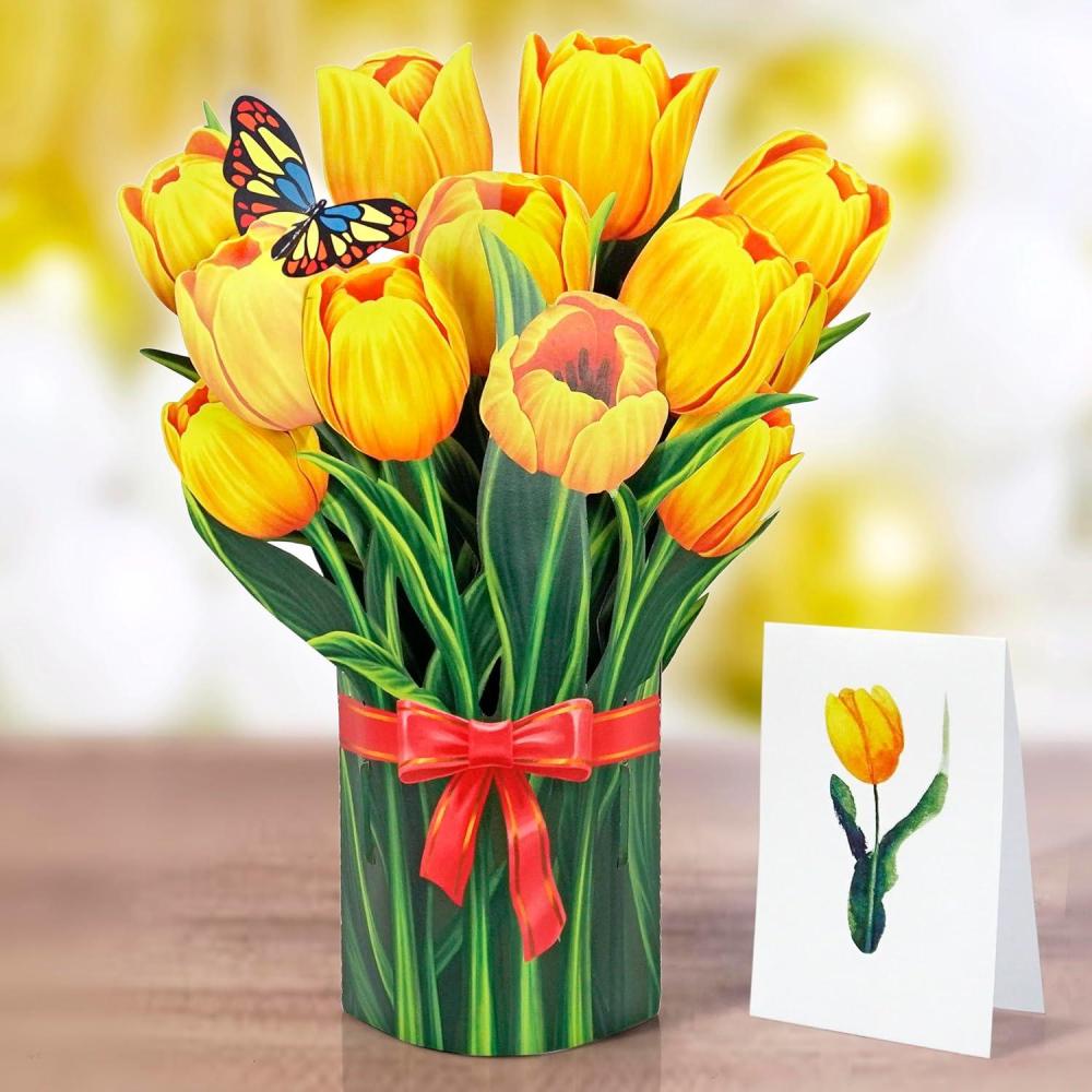 imageCUTPOPUP Birthday Card Pop Up 6quotx8quot Mothers Day 3D Greeting Paper Flower Card Bouquet of Yellow Tulip